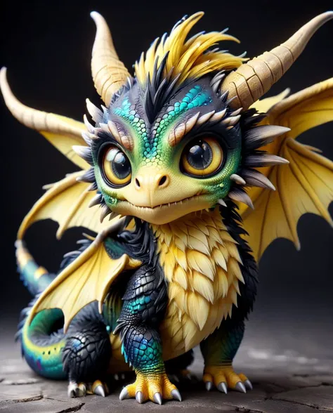 zhibi, an adorable and fluffy baby dragon with big color eyes, with soft feathers and wings, monster in pokemon style, "Monster", Cute, Colorful yellow fur, giant yellow cute beatiful detailed chibi eyes, cutie, eye contact, 8k, hdr, RAW, hyperrealistic, e...