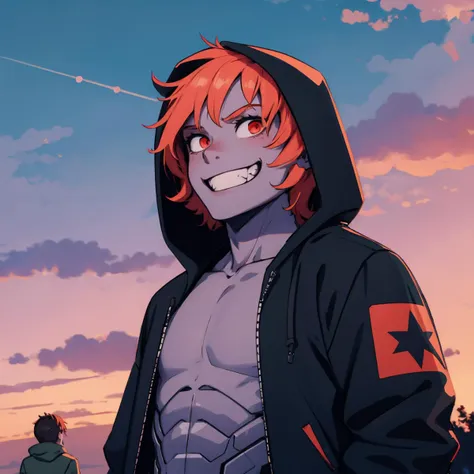 anime guy with orange hair and hoodie standing in front of a sunset