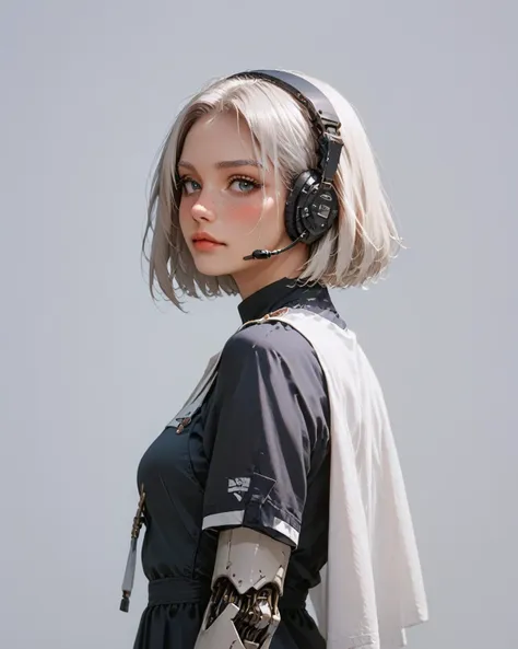 a woman with a headphone and a shirt on