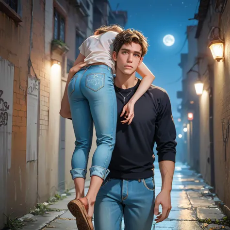 arafed man carrying a woman on his back in a narrow alley