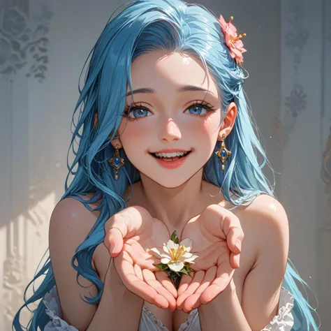 there is a woman with blue hair holding a flower in her hands