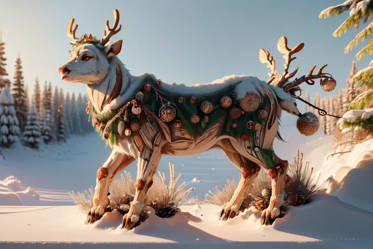 a close up of a reindeer with a christmas decoration on its body