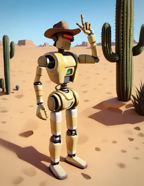 a close up of a robot in a desert with a cactus