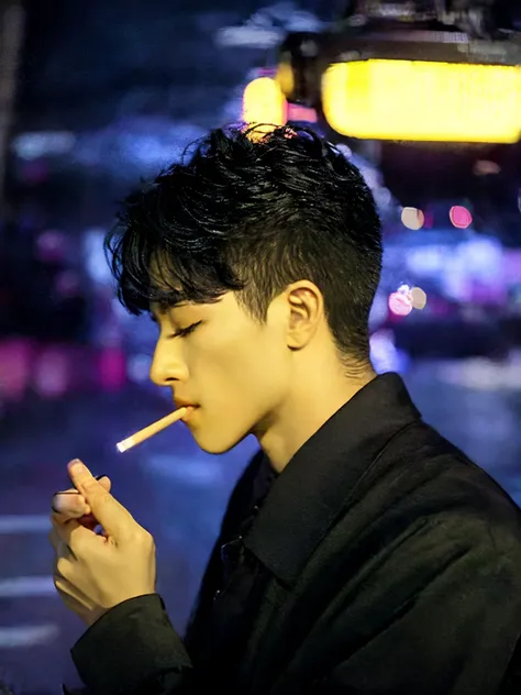 a young man, lighting_cigarette, solo, short hair, male focus, blurry, from side, profile, night, dark theme, mouth hold, cigare...