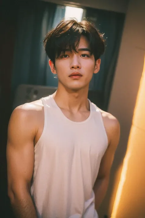 a close up of a person wearing a tank top and a white shirt