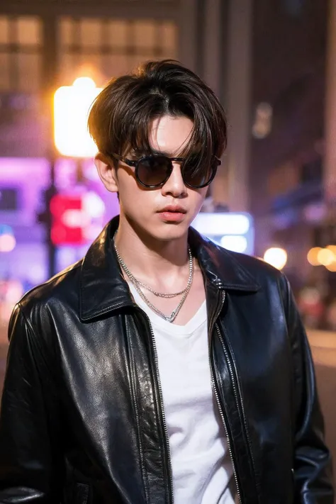 arafed man in a black leather jacket and sunglasses standing on a city street