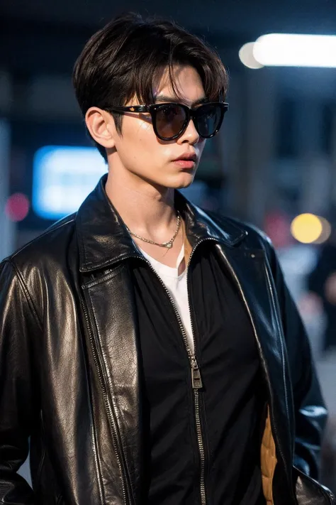 a man in a black leather jacket and sunglasses standing on a street