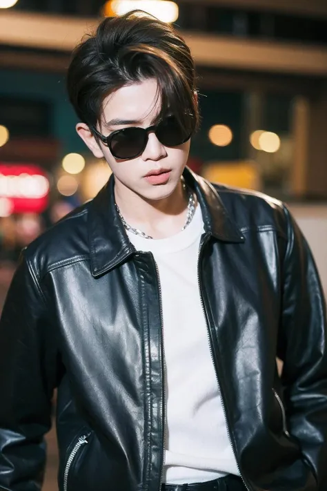 a close up of a person wearing a black jacket and sunglasses