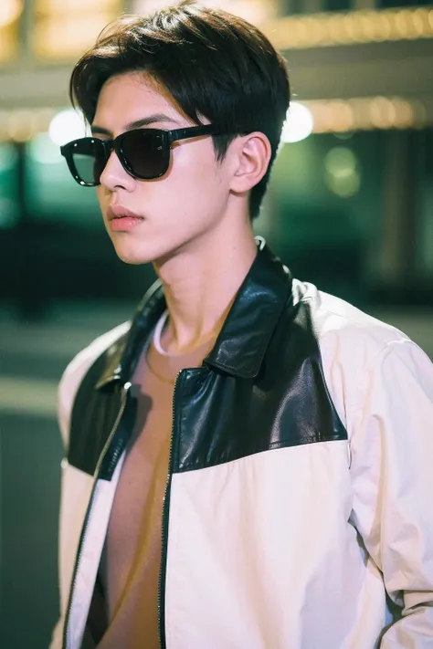 a close up of a man wearing sunglasses and a jacket