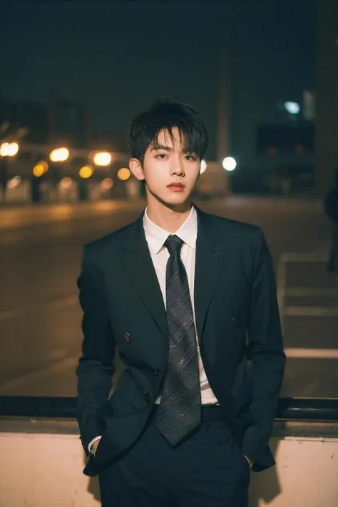 a close up of a man in a suit and tie standing on a ledge