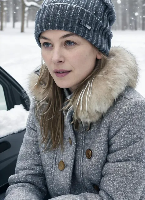 RAW photo of a sks woman, sitting in outdoor car ,winter ,snowy , ((wearing cap)), (detailed face), grunge, ((visual kai)),  ((full body)), (high detailed skin:1.2), 8k uhd, dslr, soft lighting, high quality, film grain, Fujifilm XT3, <lora:locon_rosamund_...