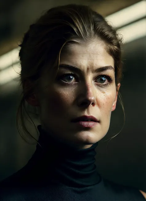 A stunning intricate full color portrait of (sks woman:1), wearing a black turtleneck, epic character composition, by ilya kuvshinov, alessio albi, nina masic, sharp focus, natural lighting, subsurface scattering, f2, 35mm, film grain, <lora:locon_rosamund...