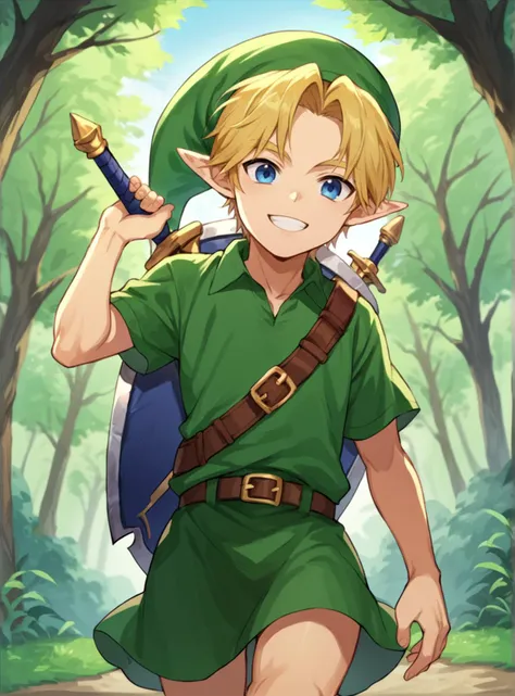 a cartoon image of a young boy in a green shirt and brown belt holding a sword