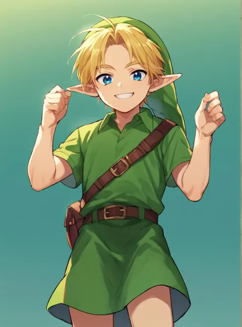 a cartoon image of a young man dressed in a green shirt and brown belt