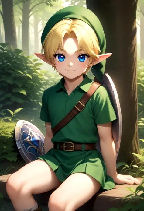 a young boy sitting on a log in the woods with a sword