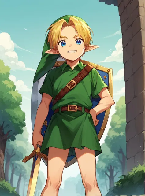 a cartoon image of a young man in a green shirt and brown shorts holding a sword