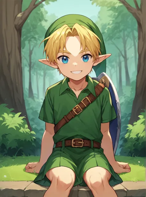 a cartoon image of a young boy sitting on a bench in the woods