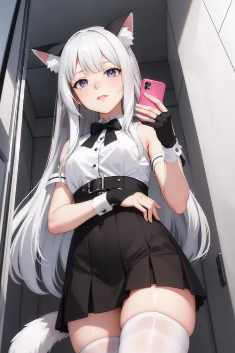 masterpiece, best quality, phnChan, tail, animal_ears, white_hair, grey_eyes, fingerless_gloves, thighhighs, looking down, intenseglare, from below, room, holding cell phone <lora:Iphone-ChanV1-000040:0.9> <lora:Intense_GlarerV2:0.8>