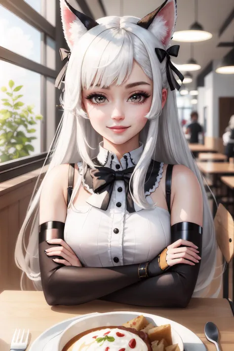 Highly detailed, High Quality, Masterpiece, beautiful, phnChan, crossed arms, white hair, animal ears, grey eyes, bow, thighhighs, (fingerless gloves:1.1), tail, <lora:Char_Meme_Iphonechan:0.9>, food, simple background, elbows on table, cup, blurry backgro...