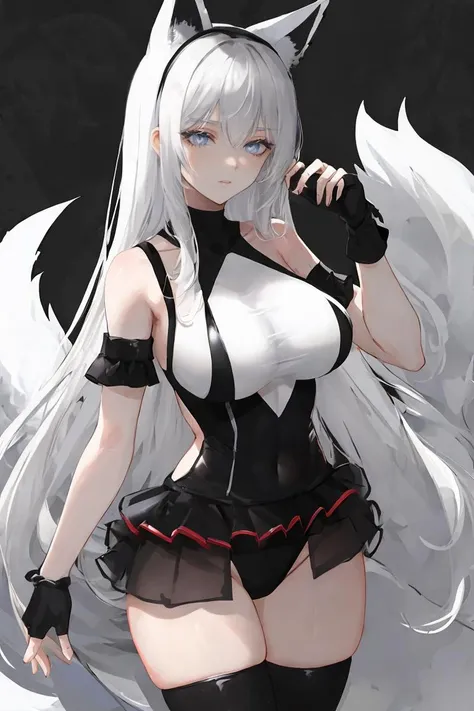 <lora:Iphone-ChanV2-000030:0.8>, phnChan, swimsuit, shaded_face, thighs, smirk, narrowed_eyes, 1girl, long_hair, thighhighs, tail, animal_ears, fingerless_gloves, white_hair, grey_eyes