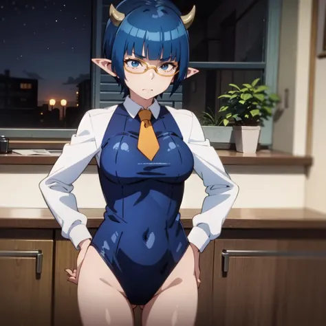 1girl, blue hair, short hair, blue eyes, pointy ears, horns, zenia outfit,  standing,  <lora:zenlow:0.7>, glasses, nightsky, dining room, bent over,