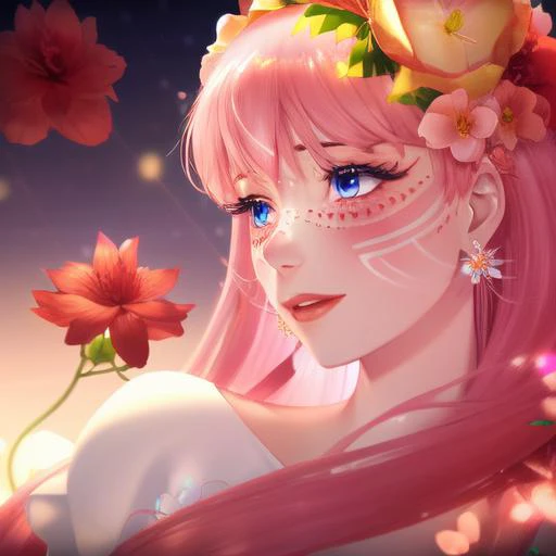 anime, Belle, flowers, pink_hair, red_flower, long_hair, facial_marks, blush, bangs, makeup, long white_dress, hibiscus, flowers, freckles, hairband, hair_ornament, blue_eyes, earrings, long legs  <lora:BelleV2:1>, highres, 4k, 8k, intricate detail, cinema...