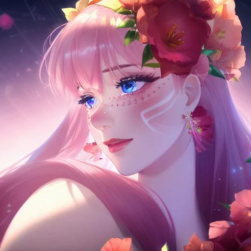 anime, Belle, flowers, pink_hair, red_flower, long_hair, facial_marks, blush, bangs, makeup, long white_dress, hibiscus, flowers, freckles, hairband, hair_ornament, blue_eyes, earrings, long legs  <lora:BelleV2:1>, highres, 4k, 8k, intricate detail, cinema...