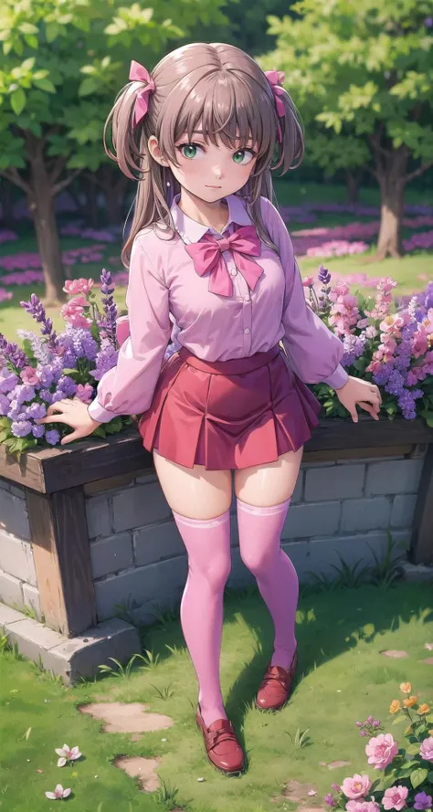 anime girl in a short skirt and pink shirt posing in a garden