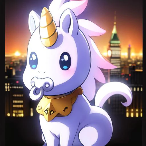 ((masterpiece)), (best quality), 8k, ultra-detailed, absurdress, unicorn, baby unicorn, baby diaper, unicorn using a diaper, hickey, 3d, beautiful ilumination, white eyes, glowing eyes, small body, pony, ultra-detailed background, city on background, city,...