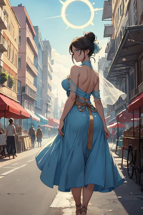 a woman in a blue dress walking down a street with a halo above her head