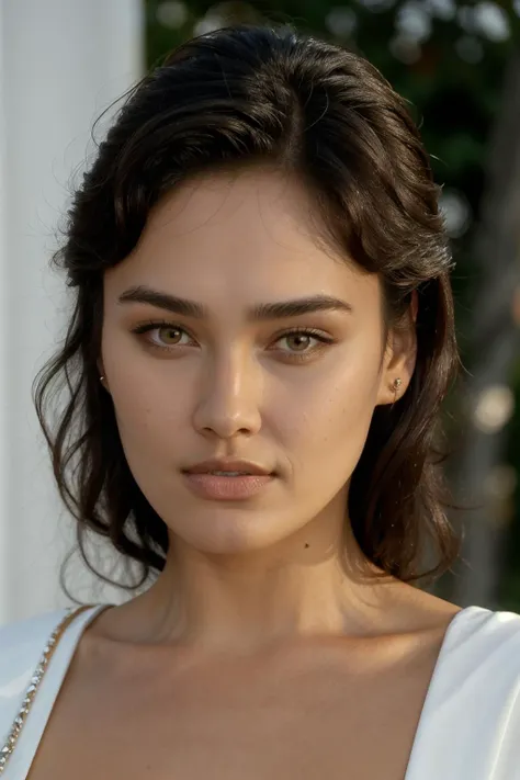 a woman with a white top and a necklace on her neck