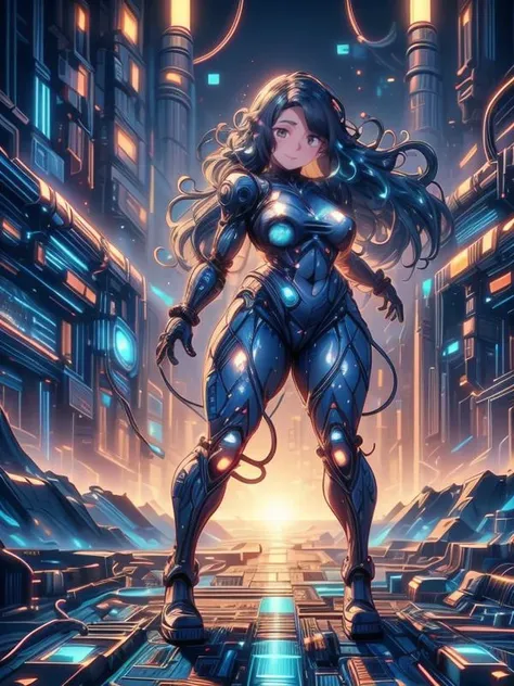 a woman in a futuristic suit stands in a futuristic city