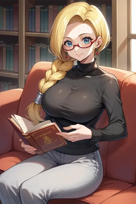 score_9, score_8_up, score_7_up, source_anime BREAK 1girl, solo,  <lora:dqbianca-pdxl-nvwls-v1:1> dqBianca, single braid, hair over shoulder, earrings, choker, (large breasts:0.8), black sweater, turtleneck, grey pants, library, sitting, couch, reading a b...