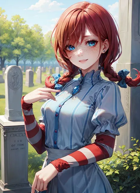 ((best quality)), ((highly detailed)), masterpiece, absurdres, (detailed eyes, deep eyes), (1girl), upper body, <lora:hairdetailer:.6>, <lora:fastfood_wendys:1>, ffwendys, red hair, twin braids, hair bow, blue eyes, ((freckles)), body freckles, smiling, st...