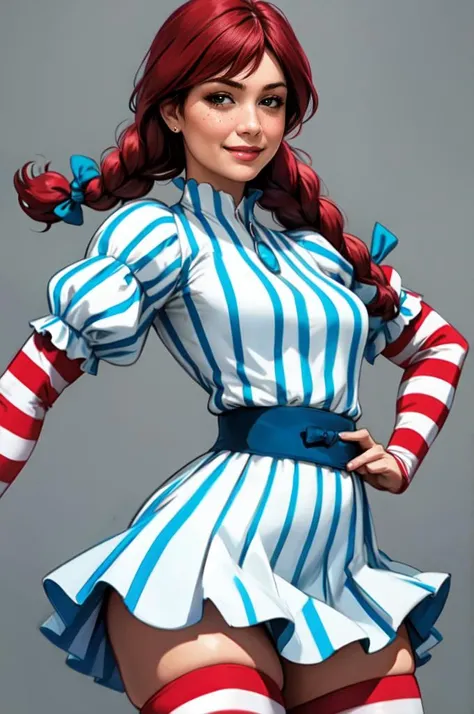 <lora:fastfood_wendys:1>,ffwendys,1girl,solo,striped,braid,hair bow,twin braids,smile BREAK striped dress,striped thighhighs,puffy sleeves BREAK smug,blush,smile,looking at viewer,(photorealistic:1.2),