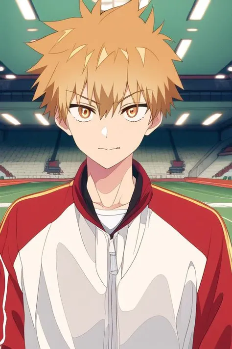 masterpiece, best quality, high quality, 1boy, solo, male focus, looking at viewer, upper body, <lora:shuu_inuzuka:0.78>, shuu_inuzuka, , blonde hair, orange eyes, , track suit