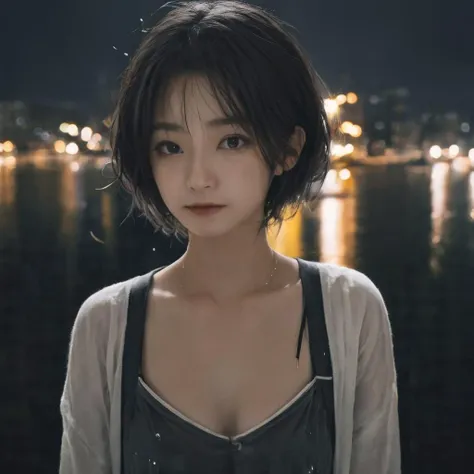 night,city,water,teardrop,(sad:1.2),
,1gril,short hair, black hair,Flowing hair,(Wet hair:1.3),