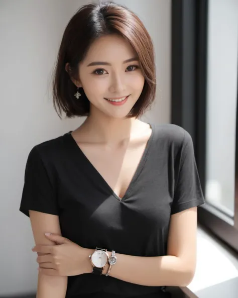 (Asian:0.5),woman,black shirt,cute,short hair,long hair,watch,hyperdetail,Dynamic light,standing, (indirect lighting), Window light,(Natural smile:0.3),looking at viewer,