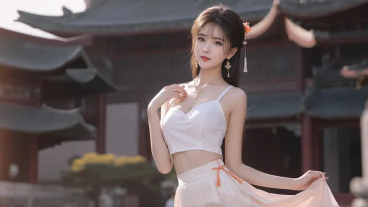 perspective,1girl,solo,realistic,(breast:1.1),open clothes,china_dress,earrings,pendant,hair_ornament,mamian skirt,light orange with white chest pleated skirt,