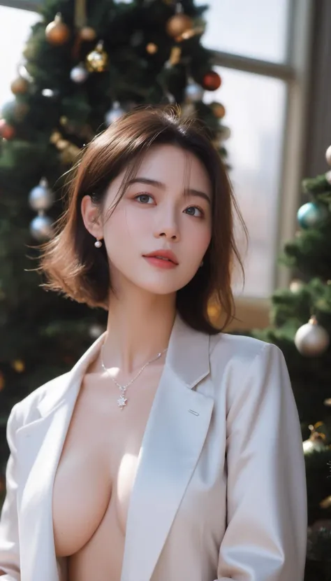 detailed eyes, Perfect features, (masterpiece), (best quality), (good quality), intricate details, earrings, Ray Tracing, (See-through), (Bokeh), (Depth of field), happy, ((christmas:2)), ((christmastree)), ((large breasts)),