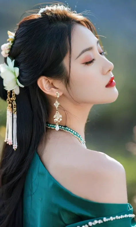 arien photography, chinese art photography, 1girl, solo, jewelry, earrings, black hair, hair ornament, blurry background, dress, blurry, upper body, bare shoulders, long hair, profile, off shoulder, green dress, closed mouth, realistic, red lips, chinese c...