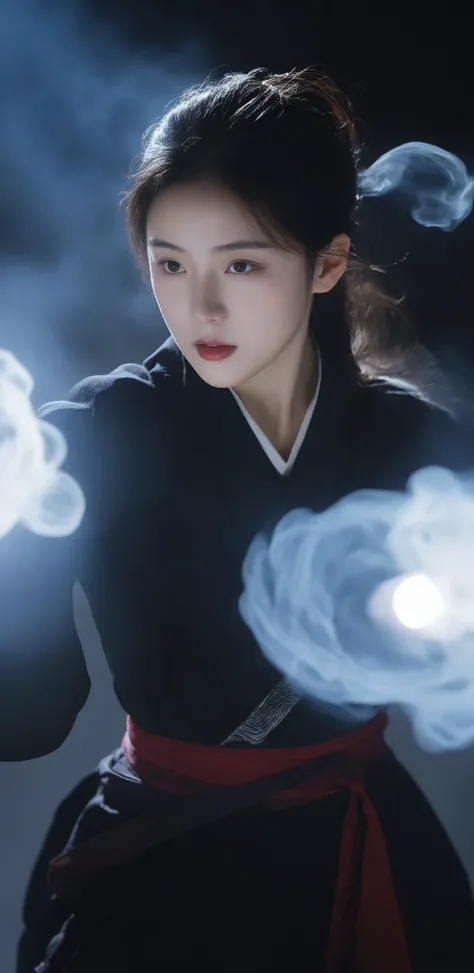 isometric style Chinese martial arts movie stills,cowboy shot,motion blur,A Chinese woman uses Qing Kung to fly on a black background and Wearing Hanfu,martial,Motion blurred hands,water surrounds her body,glowing,(flowing light particles),flowing smoke,fi...