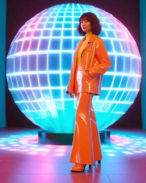 Disco-themed a man standing in front of a giant sculpture of a mans head and a woman,Beeple,c4d,a raytraced image,hypermodernism,Beeple,redshift render,a raytraced image,global illumination,a 3D render,volumetric light,photorealism, . Vibrant, groovy, retr...