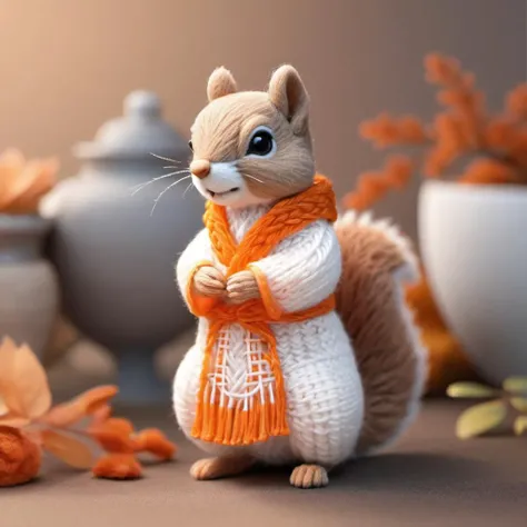 Help me design a cute little squirrel woven with wool and draw it into an image. It requires a gradient color scheme of orange and white, cute and modern design, paired with a Hanfu style