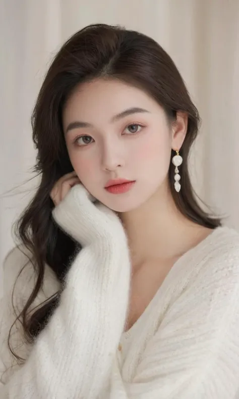 The image portrays a young woman with a delicate and ethereal appearance. She dons a white knitted sweater that gives off a warm and cozy vibe. Her complexion is impeccably fair, complemented by striking makeup featuring rosy blush on her cheeks and glossy...