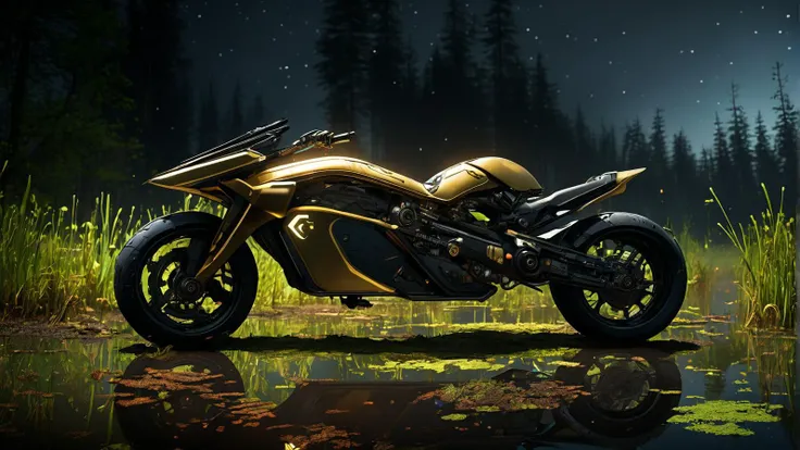 black and brass science fiction hovering racing motorbike by a swamp, science fiction, cinematic lighting, night time, volumetric light, imax, dslr, highly detailed, volumetric fog, dystopian vibes, dutch angle, cinematic angle