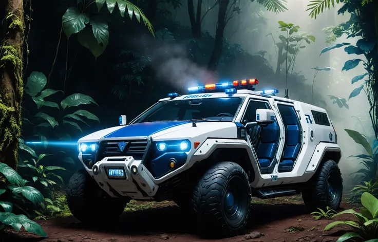 <lora:scifi-vehicles-000011:1.0> white and blue science fiction ground industrial police car in a lush jungle, science fiction, cinematic lighting, night time, volumetric light, imax, dslr, highly detailed, volumetric fog, dystopian vibes, dutch angle, cin...