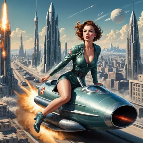 1950s  sci-fi illustration style,  woman riding military rocket-sled ,  futuristic  city in background,  best quality, fantastic quality, ultra detailed  <lora:scifi-vehicles:0.8>