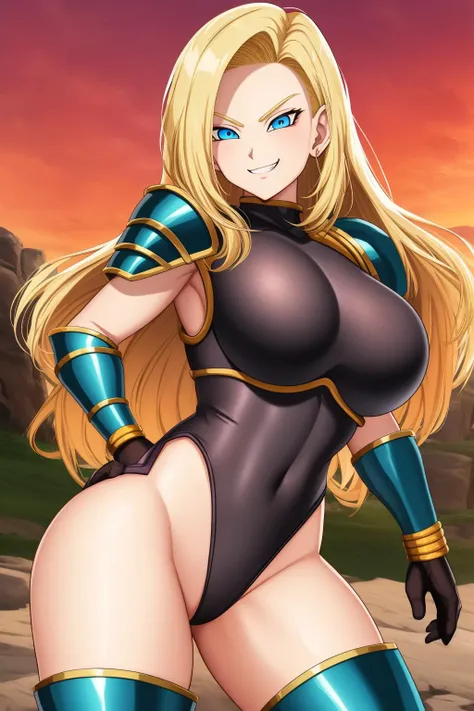 android18, 1girl, solo, long_hair, breasts, looking_at_viewer, smile, blue_eyes, blonde_hair, large_breasts, simple_background, outdoor, medium_breasts, standing, thighs, cowboy_shot, armor, grin, leotard, hand_on_hip, shoulder_armor, wristband, clenched_h...