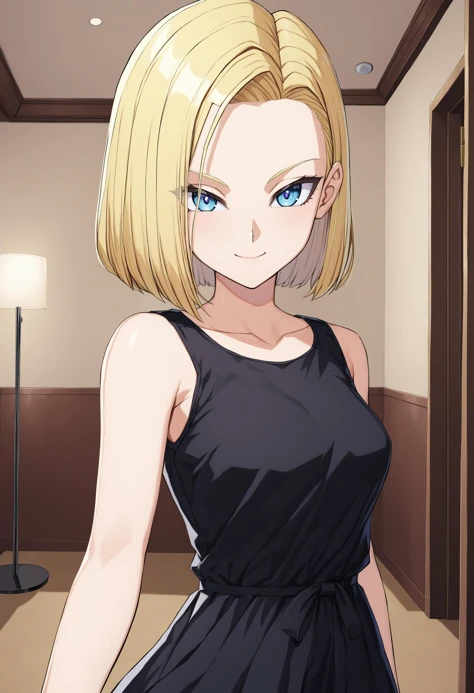 sysdeep_android18, 1girl, solo, breasts, looking_at_viewer, smile, short_hair, blue_eyes, blonde_hair, black_dress, indoor, <lora:Android 18 - [Dragonball] - XL Version 1:0.6>